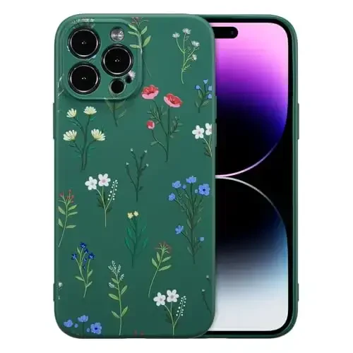 RALEAVO Floral Case for iPhone 14 Pro Max,Liquid Silicone Cover with Flower Daisies Pattern Cute Phone Cover for Girls Women Slim Soft Rubber Protective Phone Case for iPhone 14 Pro Max,Dark Green - 1