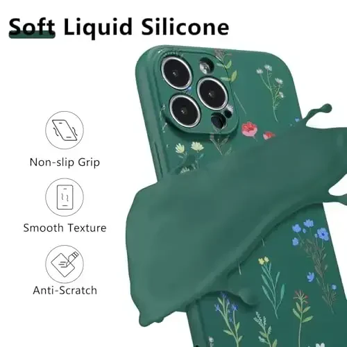 RALEAVO Floral Case for iPhone 14 Pro Max,Liquid Silicone Cover with Flower Daisies Pattern Cute Phone Cover for Girls Women Slim Soft Rubber Protective Phone Case for iPhone 14 Pro Max,Dark Green - 2