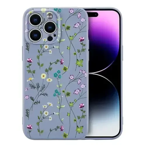 RALEAVO Floral Case for iPhone 14 Pro,Liquid Silicone Cover with Cute Flower Branch Pattern for Girls Women Slim Soft Rubber Protective Phone Case for iPhone 14 Pro (6.1