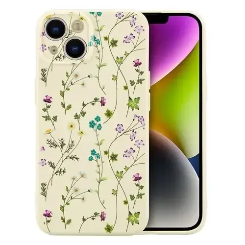 RALEAVO Floral Case for iPhone 14,Liquid Silicone Cover with Cute Flower Branch Pattern for Girls Women Slim Soft Rubber Protective Phone Case for iPhone 14 (6.1