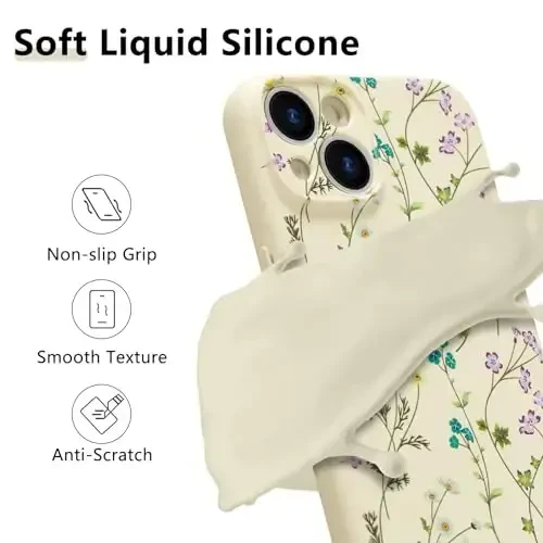 RALEAVO Floral Case for iPhone 14,Liquid Silicone Cover with Cute Flower Branch Pattern for Girls Women Slim Soft Rubber Protective Phone Case for iPhone 14 (6.1