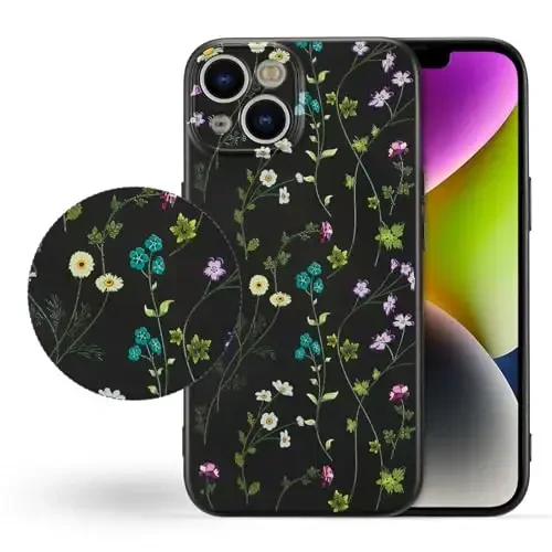 RALEAVO Floral Case for iPhone 14,Liquid Silicone Cover with Cute Flower Branch Pattern for Girls Women Slim Soft Rubber Protective Phone Case for iPhone 14 (6.1