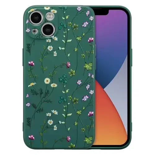 RALEAVO Floral Case for iPhone 14,Liquid Silicone Cover with Cute Flower Branch Pattern for Girls Women Slim Soft Rubber Protective Phone Case for iPhone 14 (6.1