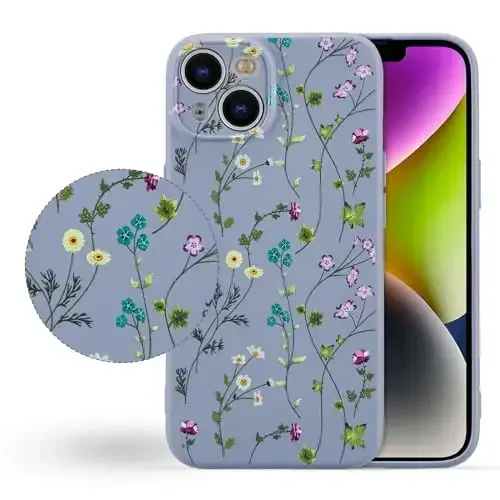 RALEAVO Floral Case for iPhone 14,Liquid Silicone Cover with Cute Flower Branch Pattern for Girls Women Slim Soft Rubber Protective Phone Case for iPhone 14 (6.1