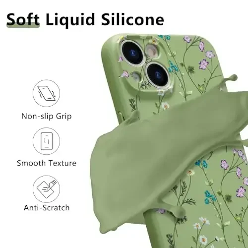 RALEAVO Floral Case for iPhone 14,Liquid Silicone Cover with Cute Flower Branch Pattern for Girls Women Slim Soft Rubber Protective Phone Case for iPhone 14 (6.1