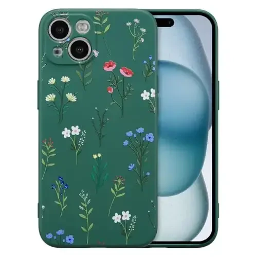 RALEAVO Floral Case for iPhone 15, Liquid Silicone Cover with Flower Daisies Pattern Cute Phone Cover for Girls Women Slim Soft Rubber Protective Phone Case for iPhone 15 (6.1
