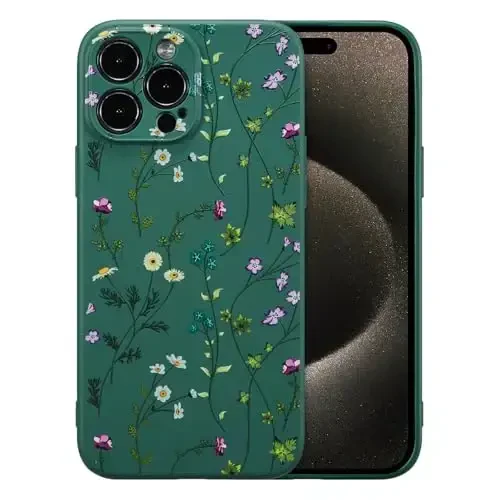 RALEAVO Floral Case for iPhone 15 Pro Max,Liquid Silicone Cover with Cute Flower Branch Pattern for Girls Women Slim Soft Rubber Protective Phone Case for iPhone 15 Pro Max 6.7