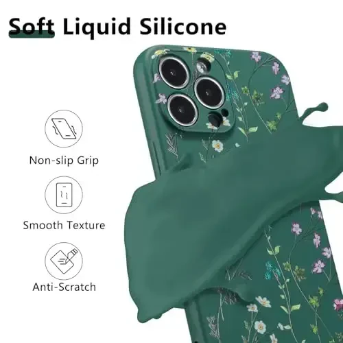 RALEAVO Floral Case for iPhone 15 Pro Max,Liquid Silicone Cover with Cute Flower Branch Pattern for Girls Women Slim Soft Rubber Protective Phone Case for iPhone 15 Pro Max 6.7