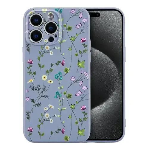 RALEAVO Floral Case for iPhone 15 Pro Max,Liquid Silicone Cover with Cute Flower Branch Pattern for Girls Women Slim Soft Rubber Protective Phone Case for iPhone 15 Pro Max (6.7