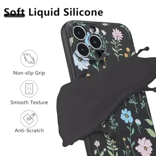 RALEAVO Floral Case for iPhone 15 Pro Max,Liquid Silicone Cover with Flower Cosmos Pattern Cute Phone Cover for Girls Women Slim Soft Rubber Protective Phone Case for iPhone 15 Pro Max (6.7