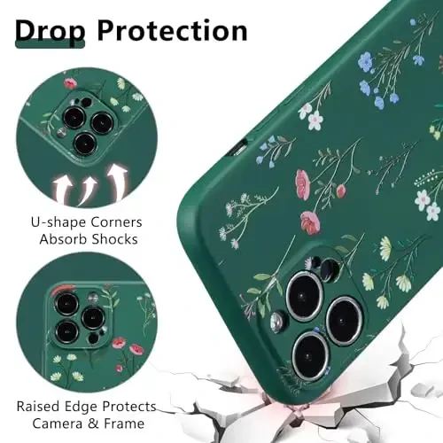 RALEAVO Floral Case for iPhone 15 Pro Max,Liquid Silicone Cover with Flower Daisies Pattern Cute Phone Cover for Girls Women Slim Soft Rubber Protective Phone Case for iPhone 15 Pro Max,Dark Green - 3