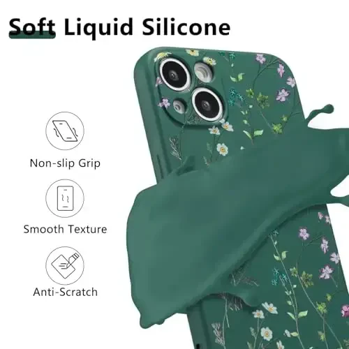 RALEAVO Floral Case for iPhone 15,Liquid Silicone Cover with Cute Flower Branch Pattern for Girls Women Slim Soft Rubber Protective Phone Case for iPhone 15 (6.1