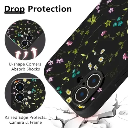 RALEAVO Floral Case for iPhone 16 Plus,Liquid Silicone Cover with Cute Flower Branch Pattern for Girls Women Slim Soft Rubber Protective Phone Case for iPhone 16 Plus (6.7