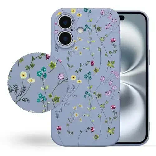 RALEAVO Floral Case for iPhone 16 Plus,Liquid Silicone Cover with Cute Flower Branch Pattern for Girls Women Slim Soft Rubber Protective Phone Case for iPhone 16 Plus (6.7