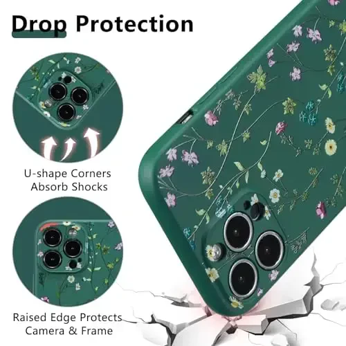 RALEAVO Floral Case for iPhone 16 Pro,Liquid Silicone Cover with Cute Flower Branch Pattern for Girls Women Slim Soft Rubber Protective Phone Case for iPhone 16 Pro (6.3