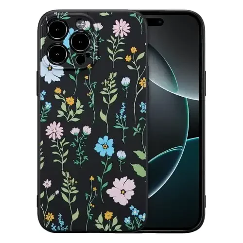 RALEAVO Floral Case for iPhone 16 Pro,Liquid Silicone Cover with Flower Cosmos Pattern Cute Phone Cover for Girls Women Slim Soft Rubber Protective Phone Case for iPhone 16 Pro (6.3