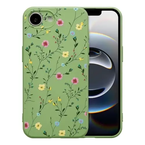 RALEAVO Floral Case for iPhone 16e/17e Silicone Cute Cover for Women,Green | Cute Vines & Flowers Pattern for Girls Women,Soft Liquid Silicone Cover,Slim Protective Phone Case for iPhone 16e/17e 6.1