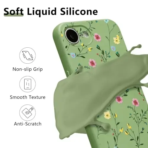 RALEAVO Floral Case for iPhone 16e/17e Silicone Cute Cover for Women,Green | Cute Vines & Flowers Pattern for Girls Women,Soft Liquid Silicone Cover,Slim Protective Phone Case for iPhone 16e/17e 6.1