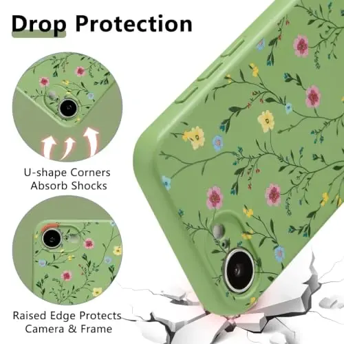 RALEAVO Floral Case for iPhone 16e/17e Silicone Cute Cover for Women,Green | Cute Vines & Flowers Pattern for Girls Women,Soft Liquid Silicone Cover,Slim Protective Phone Case for iPhone 16e/17e 6.1