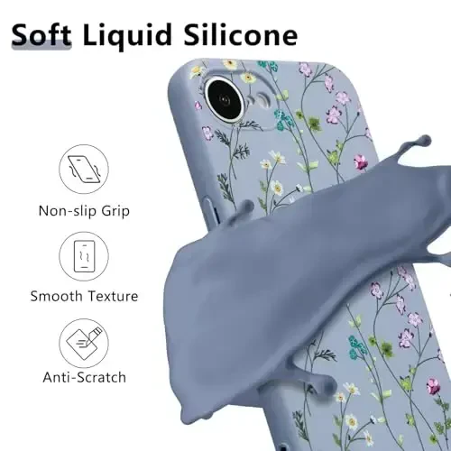RALEAVO Floral Case for iPhone 16e,Liquid Silicone Cover with Cute Flower Branch Pattern for Girls Women Slim Soft Rubber Protective Phone Case for iPhone 16e (6.1
