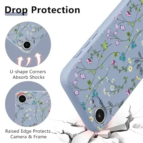 RALEAVO Floral Case for iPhone 16e,Liquid Silicone Cover with Cute Flower Branch Pattern for Girls Women Slim Soft Rubber Protective Phone Case for iPhone 16e (6.1