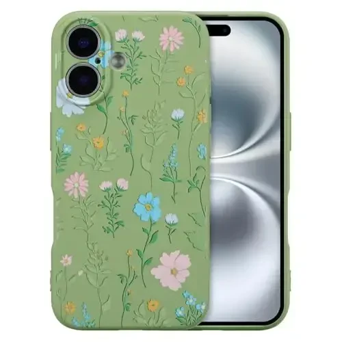 RALEAVO Floral Case for iPhone 16,Liquid Silicone Cover with Flower Cosmos Pattern Cute Phone Cover for Girls Women Slim Soft Rubber Protective Phone Case for iPhone 16 (6.1