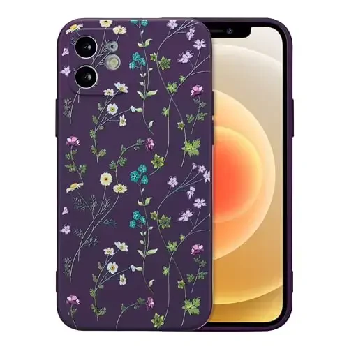 RALEAVO Floral Case for iPhone 12,Liquid Silicone Cover with Flower Branch Pattern Cute Phone Cover for Girls Women Slim Soft Rubber Protective Phone Case for iPhone 12 (6.1