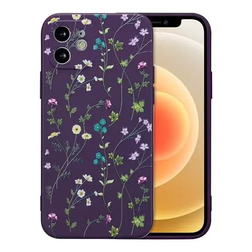 RALEAVO Floral Case for iPhone 12,Liquid Silicone Cover with Flower Branch Pattern Cute Phone Cover for Girls Women Slim Soft Rubber Protective Phone Case for iPhone 12 (6.1