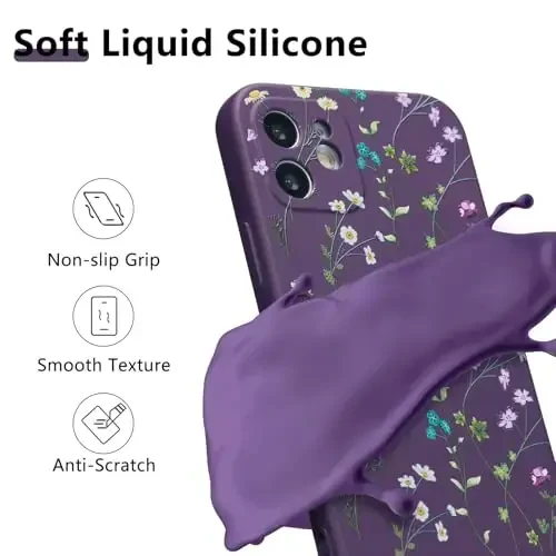 RALEAVO Floral Case for iPhone 12,Liquid Silicone Cover with Flower Branch Pattern Cute Phone Cover for Girls Women Slim Soft Rubber Protective Phone Case for iPhone 12 (6.1