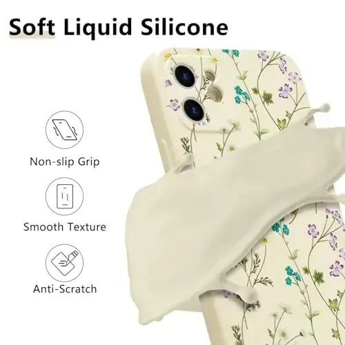 RALEAVO Floral Case for iPhone 12,Liquid Silicone Cover with Cute Flower Branch Pattern for Girls Women Slim Soft Rubber Protective Phone Case for iPhone 12 (6.1