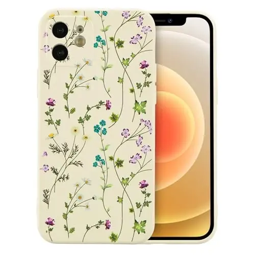 RALEAVO Floral Case for iPhone 12,Liquid Silicone Cover with Cute Flower Branch Pattern for Girls Women Slim Soft Rubber Protective Phone Case for iPhone 12 (6.1