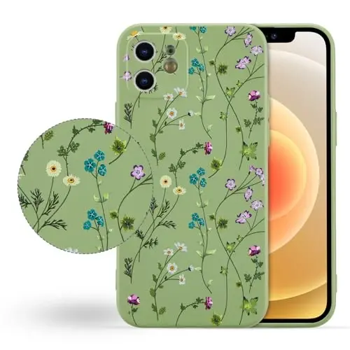 RALEAVO Floral Case for iPhone 12,Liquid Silicone Cover with Cute Flower Branch Pattern for Girls Women Slim Soft Rubber Protective Phone Case for iPhone 12 (6.1