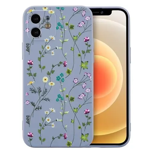 RALEAVO Floral Case for iPhone 12,Liquid Silicone Cover with Cute Flower Branch Pattern for Girls Women Slim Soft Rubber Protective Phone Case for iPhone 12 (6.1