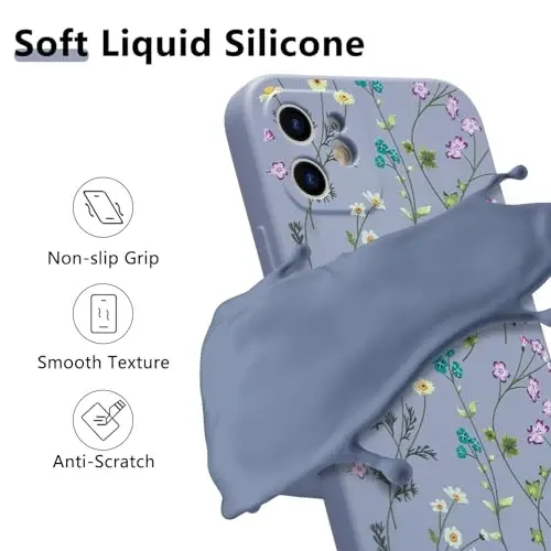 RALEAVO Floral Case for iPhone 12,Liquid Silicone Cover with Cute Flower Branch Pattern for Girls Women Slim Soft Rubber Protective Phone Case for iPhone 12 (6.1