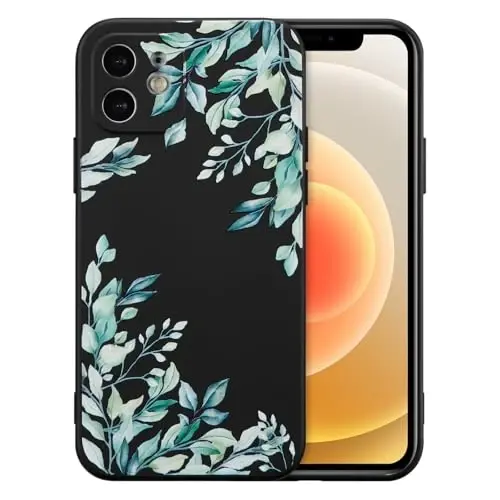 RALEAVO Floral Case for iPhone 12 Silicone Cute Cover for Women,Black | Cute Flowers Leaves Pattern for Girls Women,Soft Liquid Silicone Cover,Slim Protective Phone Case for iPhone 12 6.1