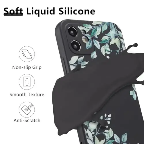 RALEAVO Floral Case for iPhone 12 Silicone Cute Cover for Women,Black | Cute Flowers Leaves Pattern for Girls Women,Soft Liquid Silicone Cover,Slim Protective Phone Case for iPhone 12 6.1