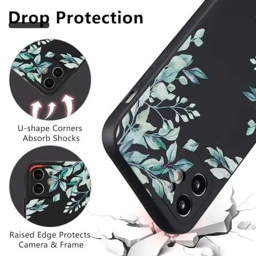 RALEAVO Floral Case for iPhone 12 Silicone Cute Cover for Women,Black | Cute Flowers Leaves Pattern for Girls Women,Soft Liquid Silicone Cover,Slim Protective Phone Case for iPhone 12 6.1