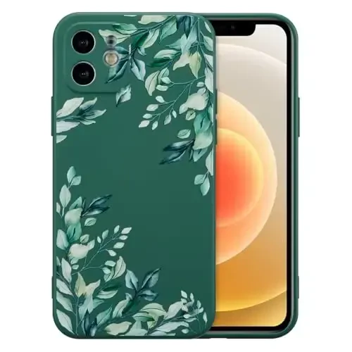 RALEAVO Case for iPhone 12,Liquid Silicone Cover with Cute Leaves Pattern Floral Phone Cover for Girls Women Slim Soft Rubber Protective Phone Case for iPhone 12 (6.1