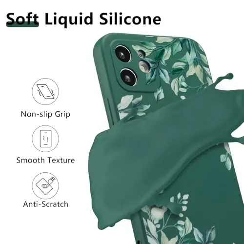 RALEAVO Case for iPhone 12,Liquid Silicone Cover with Cute Leaves Pattern Floral Phone Cover for Girls Women Slim Soft Rubber Protective Phone Case for iPhone 12 (6.1