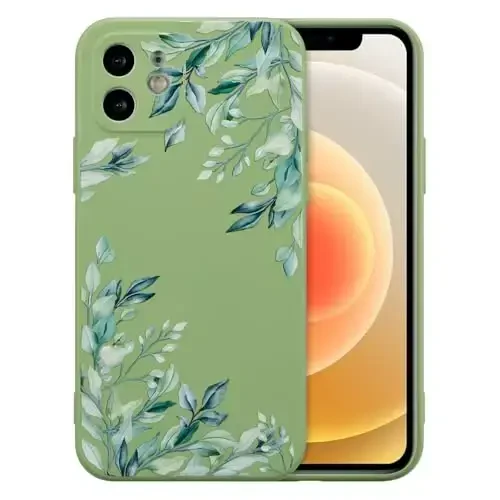 RALEAVO Case for iPhone 12,Liquid Silicone Cover with Cute Leaves Pattern Floral Phone Cover for Girls Women Slim Soft Rubber Protective Phone Case for iPhone 12 (6.1