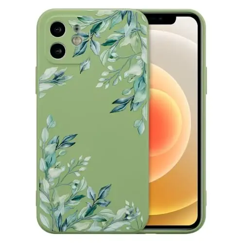 RALEAVO Case for iPhone 12,Liquid Silicone Cover with Cute Leaves Pattern Floral Phone Cover for Girls Women Slim Soft Rubber Protective Phone Case for iPhone 12 (6.1