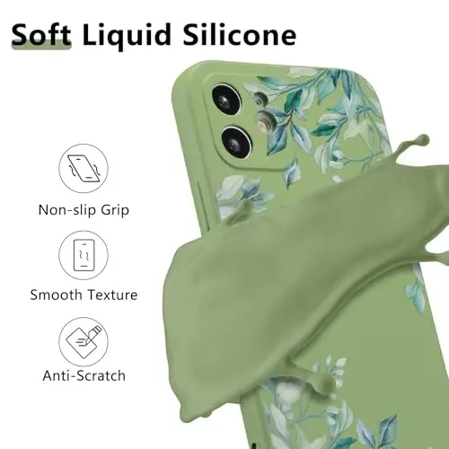 RALEAVO iPhone 12 uchun g'ilof, suyuq silikon qopqoq, chiroyli barglar naqshli gul telefon qopqog'i qizlar ayollar uchun, ingichka yumshoq rezina himoya telefon qutisi iPhone 12 (6.1