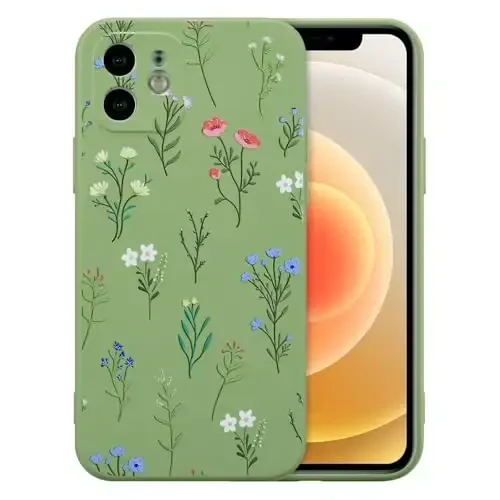 RALEAVO iPhone 12 uchun gul naqshli g'ilof, suyuq silikon qopqoq, qizlar va ayollar uchun gul ромашка naqshli yoqimli telefon qopqog'i, iPhone 12 uchun ingichka yumshoq rezina himoya telefon qutisi (6,1