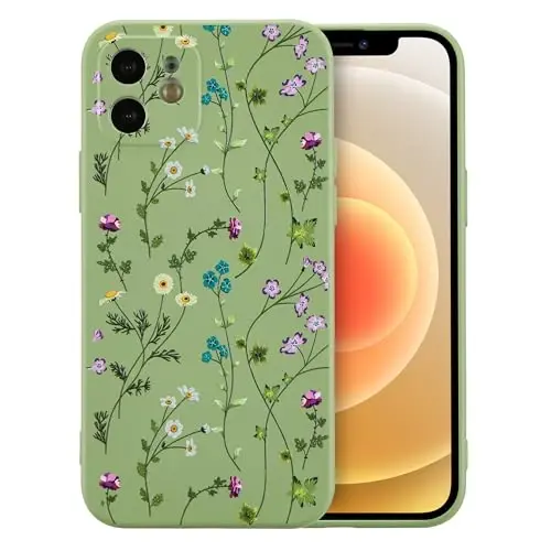 RALEAVO iPhone 12 uchun gulli g'ilof, qizlar uchun yoqimli gul shoxli naqshli suyuq silikon qopqoq, iPhone 12 uchun ingichka yumshoq rezina himoya telefon g'ilofi (6.1