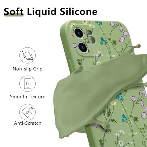 RALEAVO iPhone 12 uchun gulli g'ilof, qizlar uchun yoqimli gul shoxli naqshli suyuq silikon qopqoq, iPhone 12 uchun ingichka yumshoq rezina himoya telefon g'ilofi (6.1