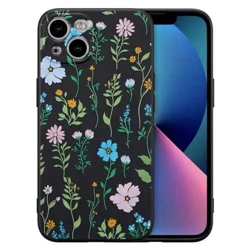 RALEAVO Floral Case for iPhone 13,Liquid Silicone Cover with Flower Cosmos Pattern Cute Phone Cover for Girls Women Slim Soft Rubber Protective Phone Case for iPhone 13 (6.1