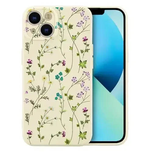RALEAVO Floral Case for iPhone 13,Liquid Silicone Cover with Cute Flower Branch Pattern for Girls Women Slim Soft Rubber Protective Phone Case for iPhone 13 6.1