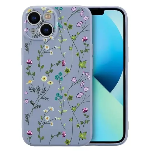 RALEAVO Floral Case for iPhone 13,Liquid Silicone Cover with Cute Flower Branch Pattern for Girls Women Slim Soft Rubber Protective Phone Case for iPhone 13 6.1