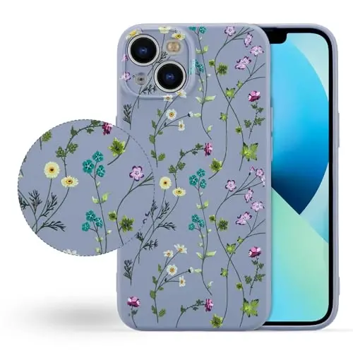 RALEAVO Floral Case for iPhone 13,Liquid Silicone Cover with Cute Flower Branch Pattern for Girls Women Slim Soft Rubber Protective Phone Case for iPhone 13 6.1