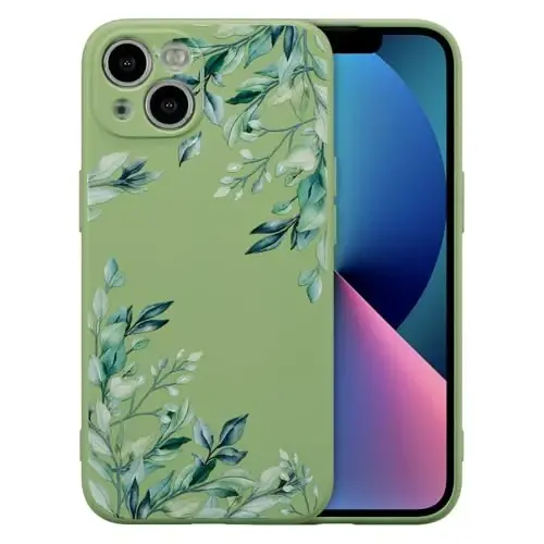 RALEAVO Case for iPhone 13,Liquid Silicone Cover with Cute Leaves Pattern Floral Phone Cover for Girls Women Slim Soft Rubber Protective Phone Case for iPhone 13 (6.1